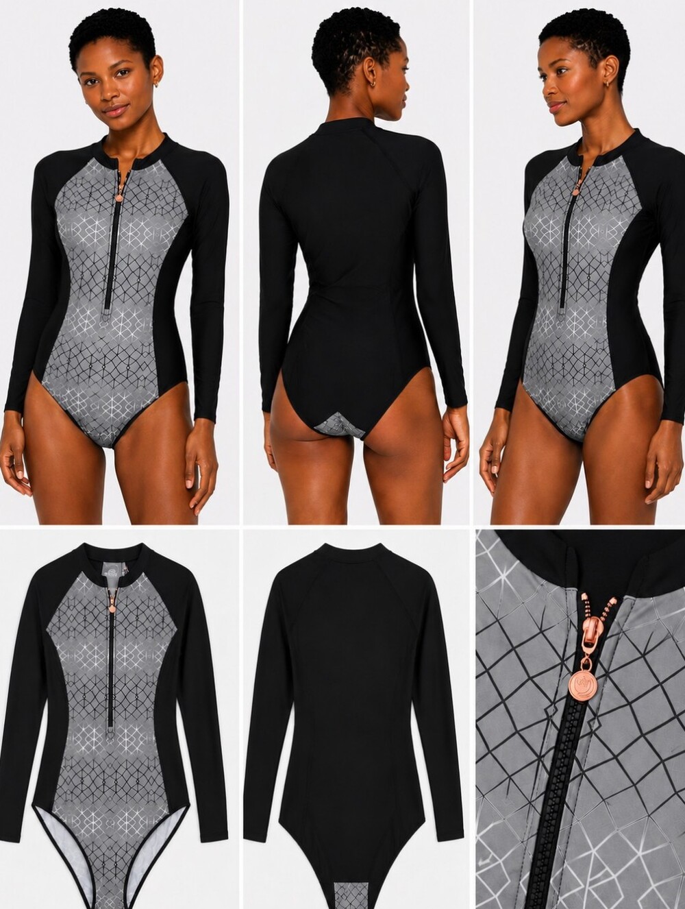 AS ROSE RICH Long-Sleeve Rash Guard Front Zip Swimsuit - Gray and Black SIZE MED